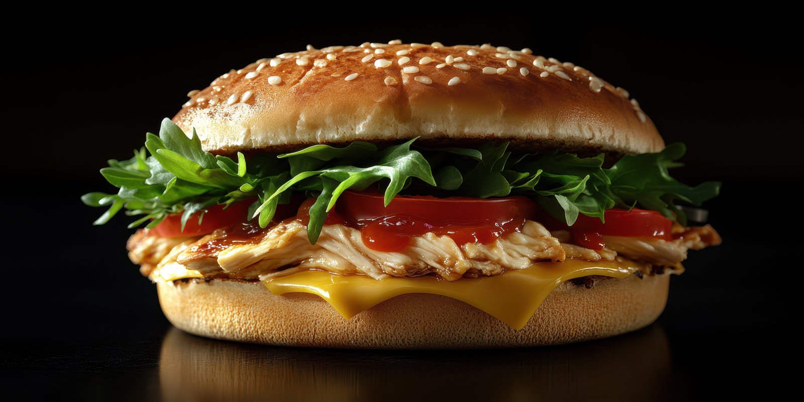 Juicy sesame seed bun sandwich filled with grilled chicken, fresh vegetables, and melted cheese ready to satisfy hunger